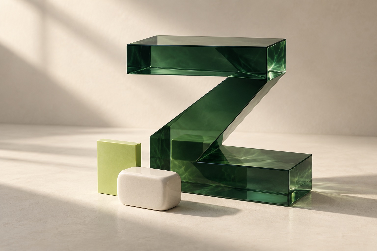 Sculptural green glass Z with ivory and lime components